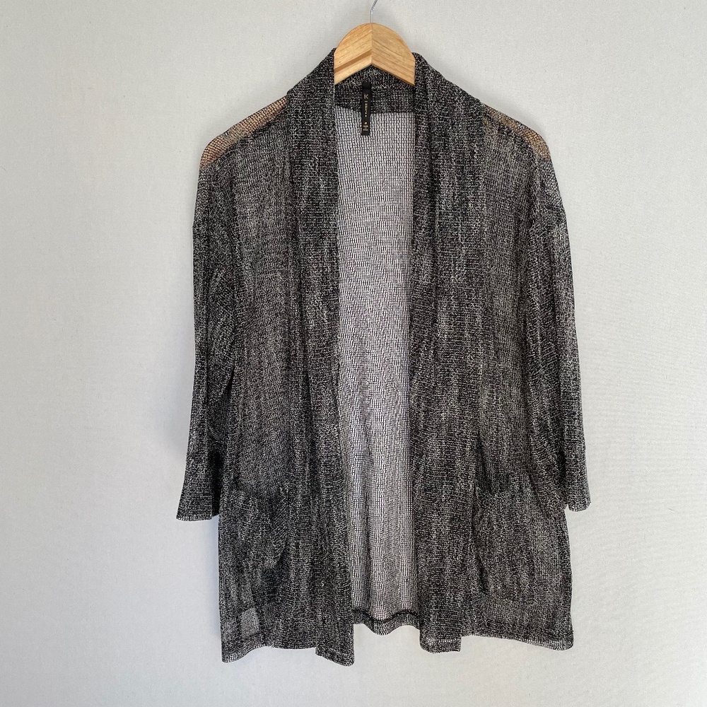 IC BY CONNIE K Women’s Medium Charcoal Gray Silver Mesh Open Front Cardigan